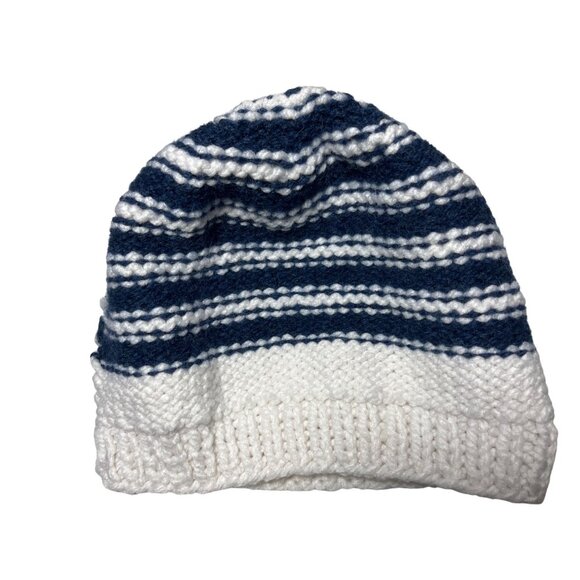 Hand-Knitted Navy & White Striped Wool Beanie Hat For Adults 18n - Picture 3 of 4